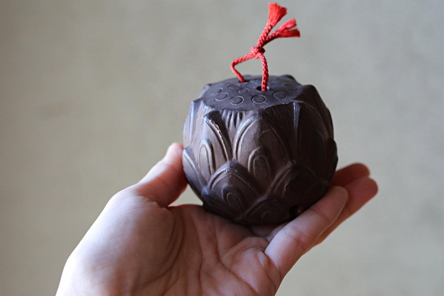Japanese Pottery Bell - Vintage Clay Bell Lotus Flower Amulet | Taimadera Temple Souvenir