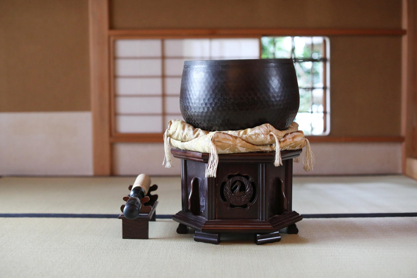 Japanese Chanting Bell - Large Orin Bronze Singing Bowl with Karaki Wood Stand