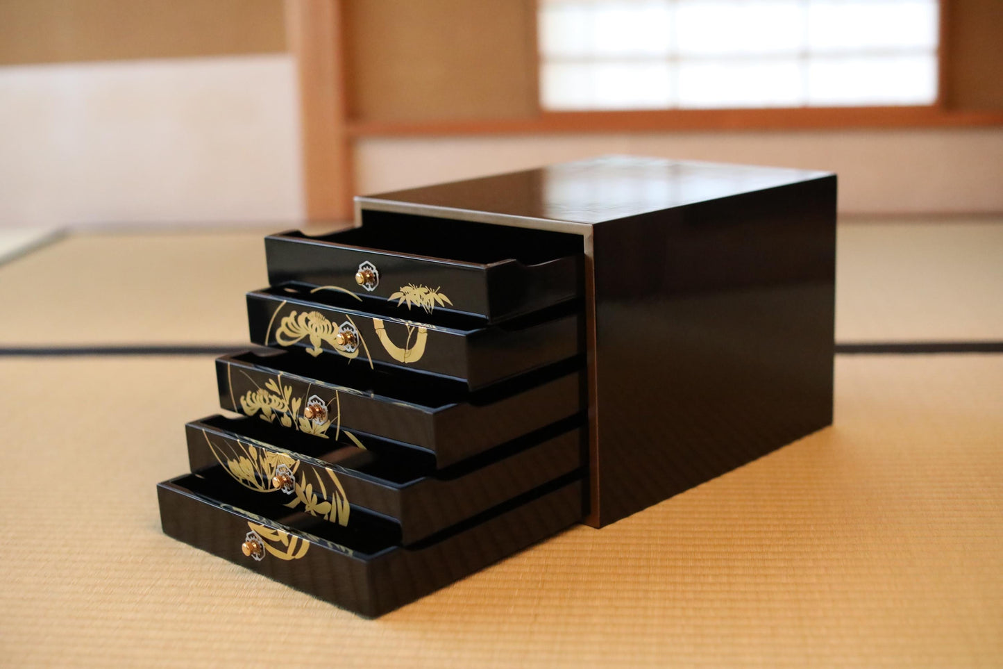 Vintage Tansu Chest - Black Lacquer Chest With Gold Makie Design | Five Drawer Japanese Antique Furniture