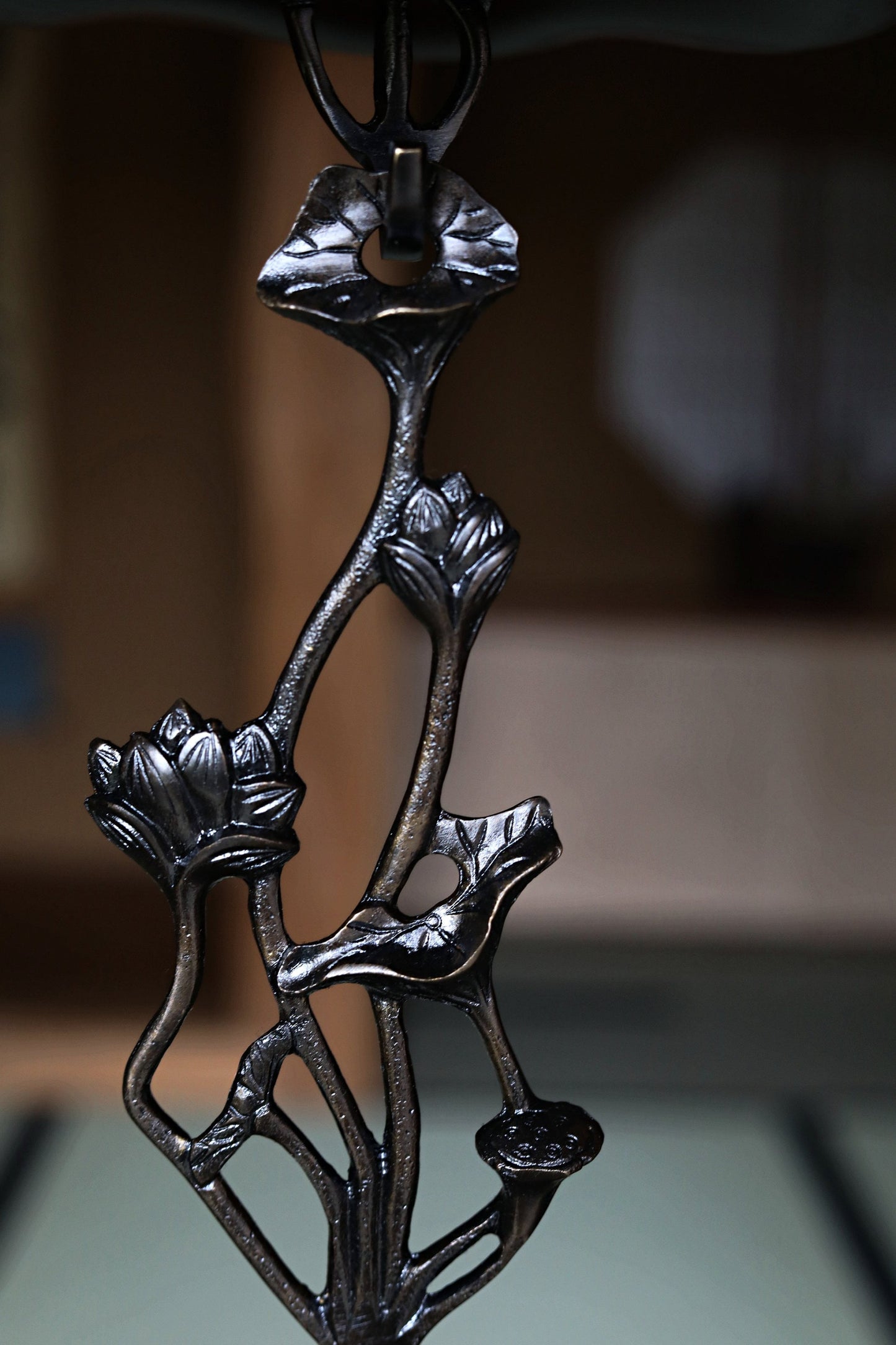 Japanese Bronze Lantern - Hanging Candle Holder Pair With Lotus Flower Candlestick