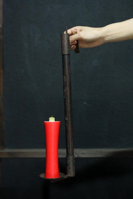 Japanese Antique Candle Stand – Edo Period Wood & Iron Hanging Holder with Defensive Design