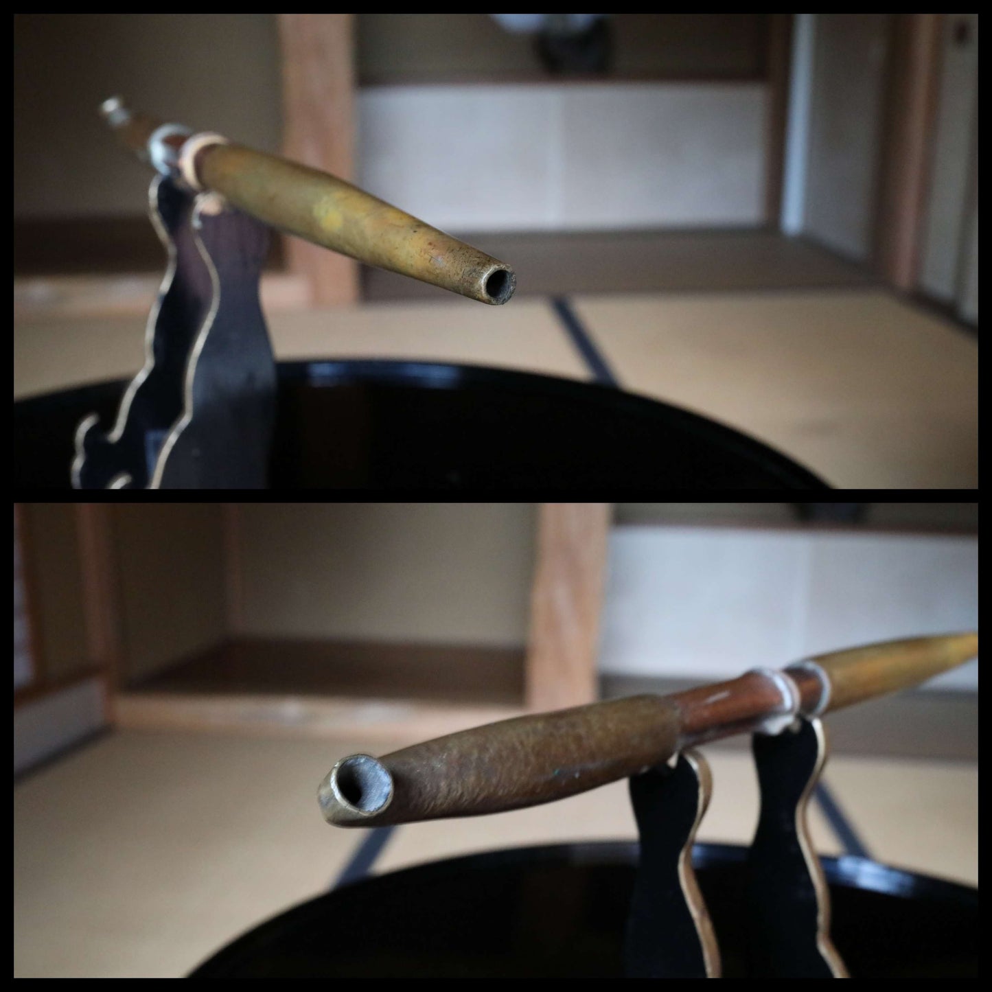 Japanese Antique Kiseru Pipe - Rare Edo Period Brass & Silver Tobacco Pipe With Dragon Engraved Leather Case