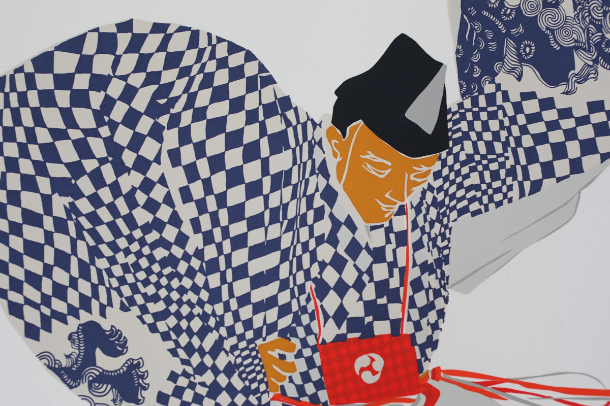 The image is a stylized illustration featuring a man wearing a checkered outfit and a black hat, with a red and white checkered bag.