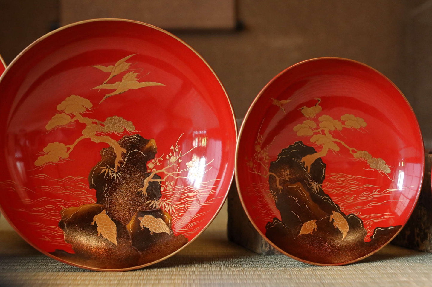 Antique Lacquer Sake Cups - Japanese Vintage Wedding Set with Gold Maki-e Crane Tortoise Design