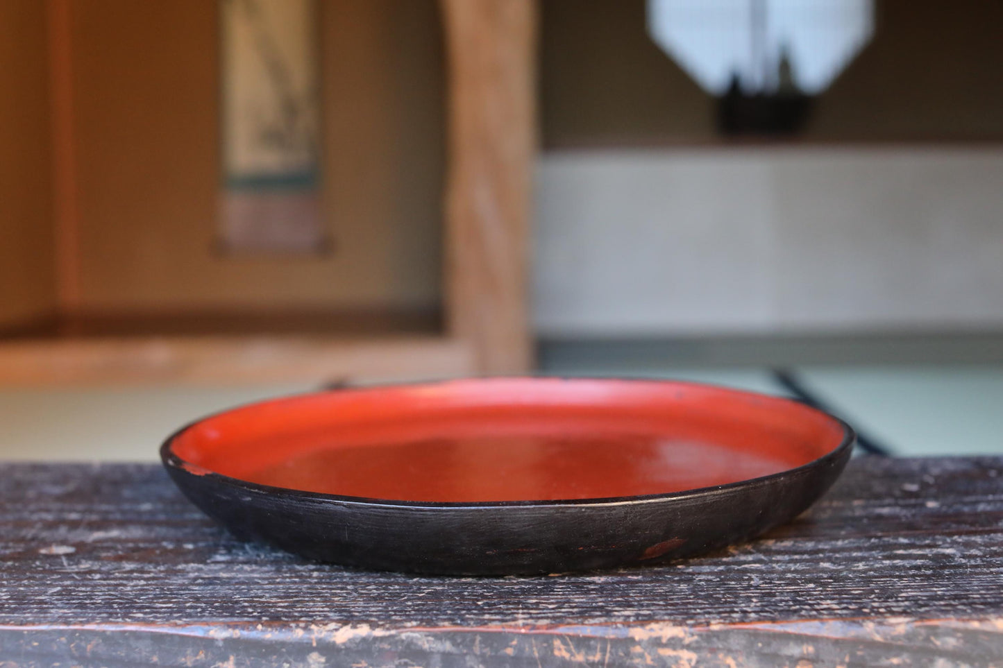 Japanese Lacquer Tray - Antique Negoro Style Obon Round Tea Tray with Vermilion Patina