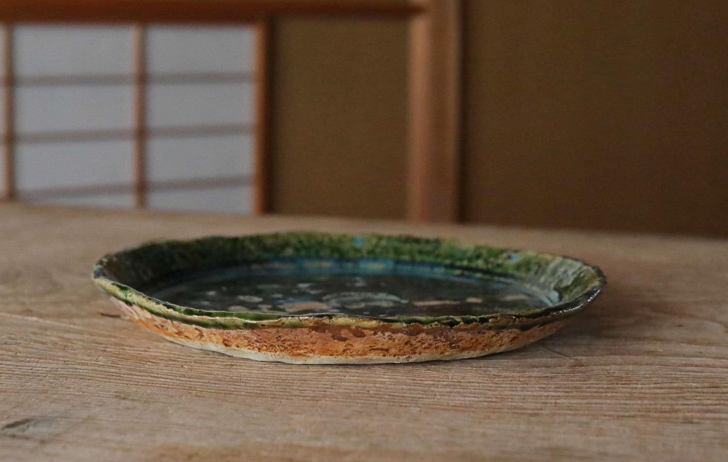 Oribe Ceramic Platter - Handmade Japanese Green Pottery Dish | Abstract Kiln Art