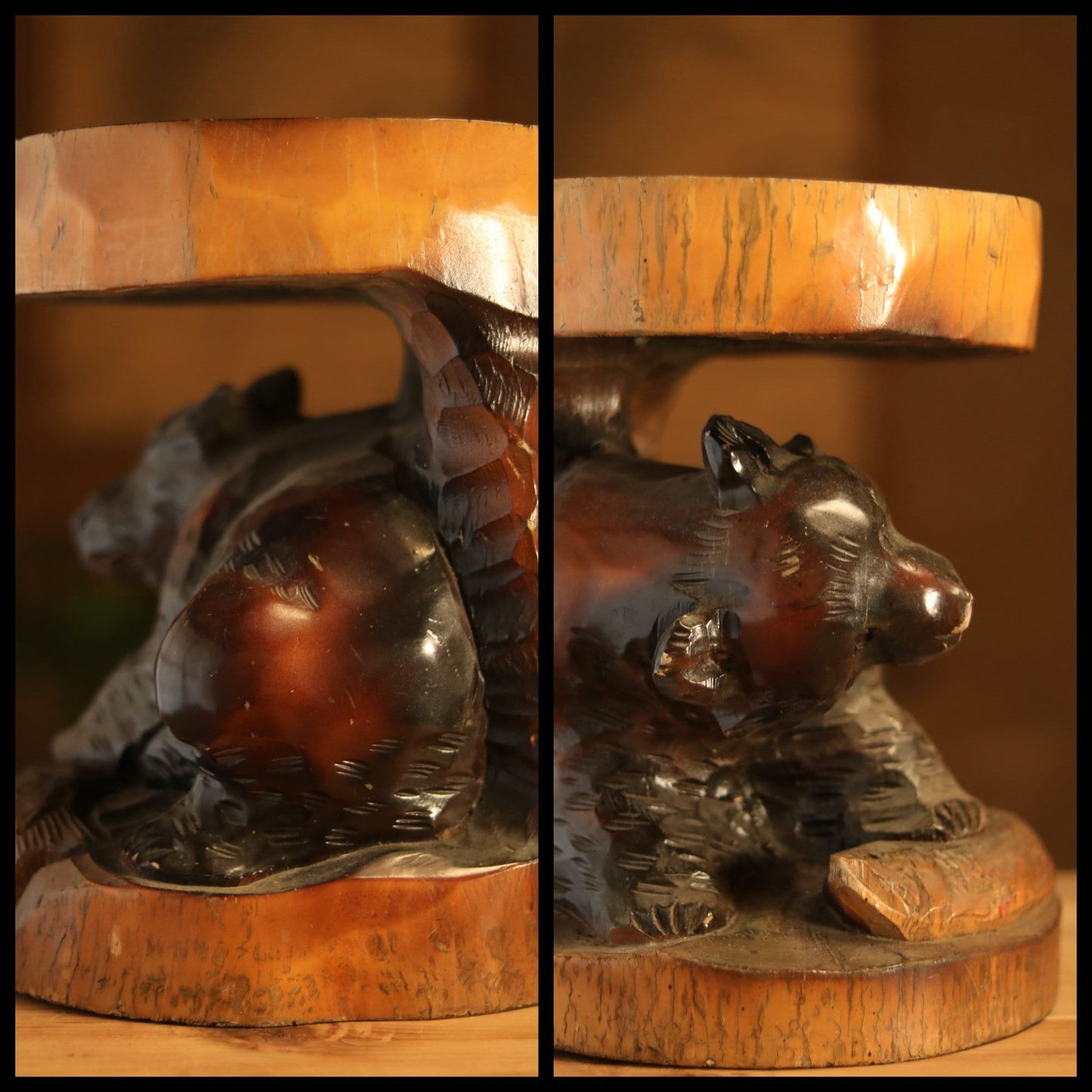 Vintage Wood Bear Sculpture - Hand Carved Japanese Wooden Bear Figurine Pedestal