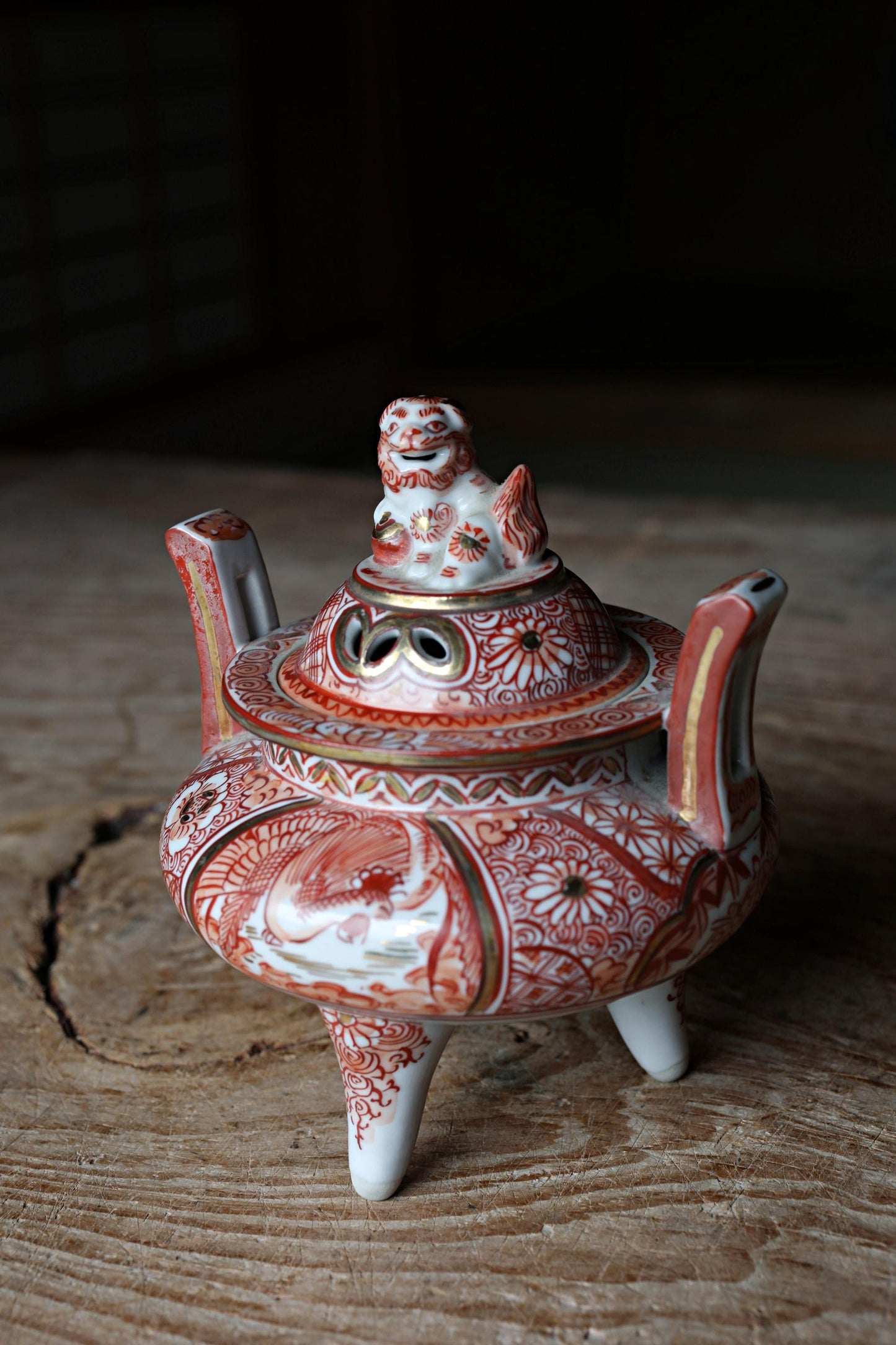 Kutani Antique Censer - Hand Painted Red Gold Lion Phoenix Incense Burner