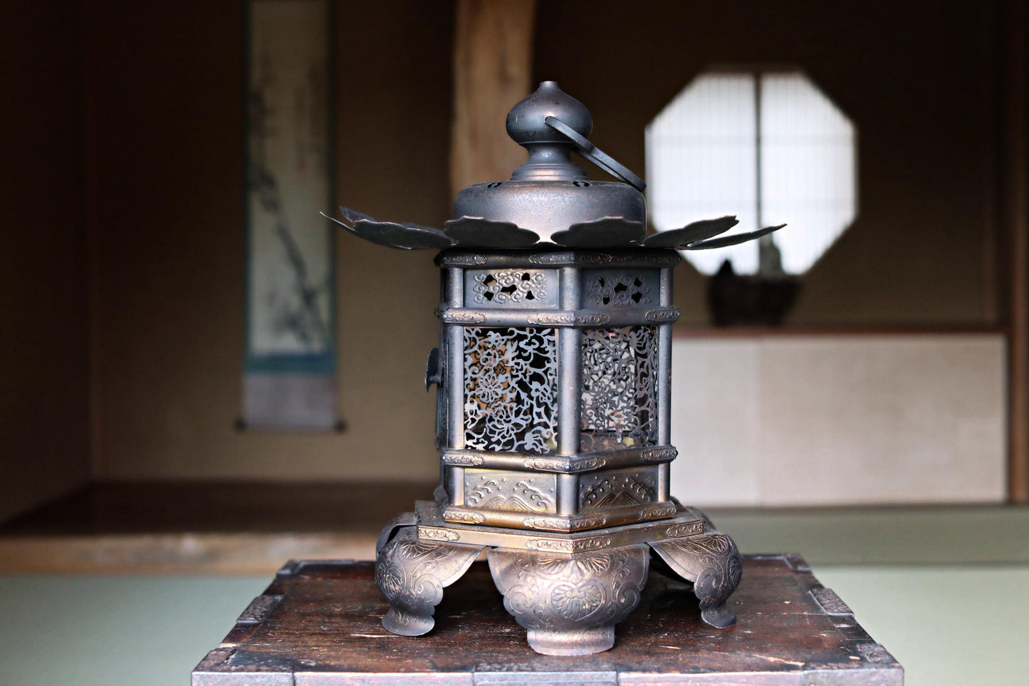 Japanese Antique Lantern - Bronze Hanging Hexagonal Temple Lantern with Lotus Fretwork Design