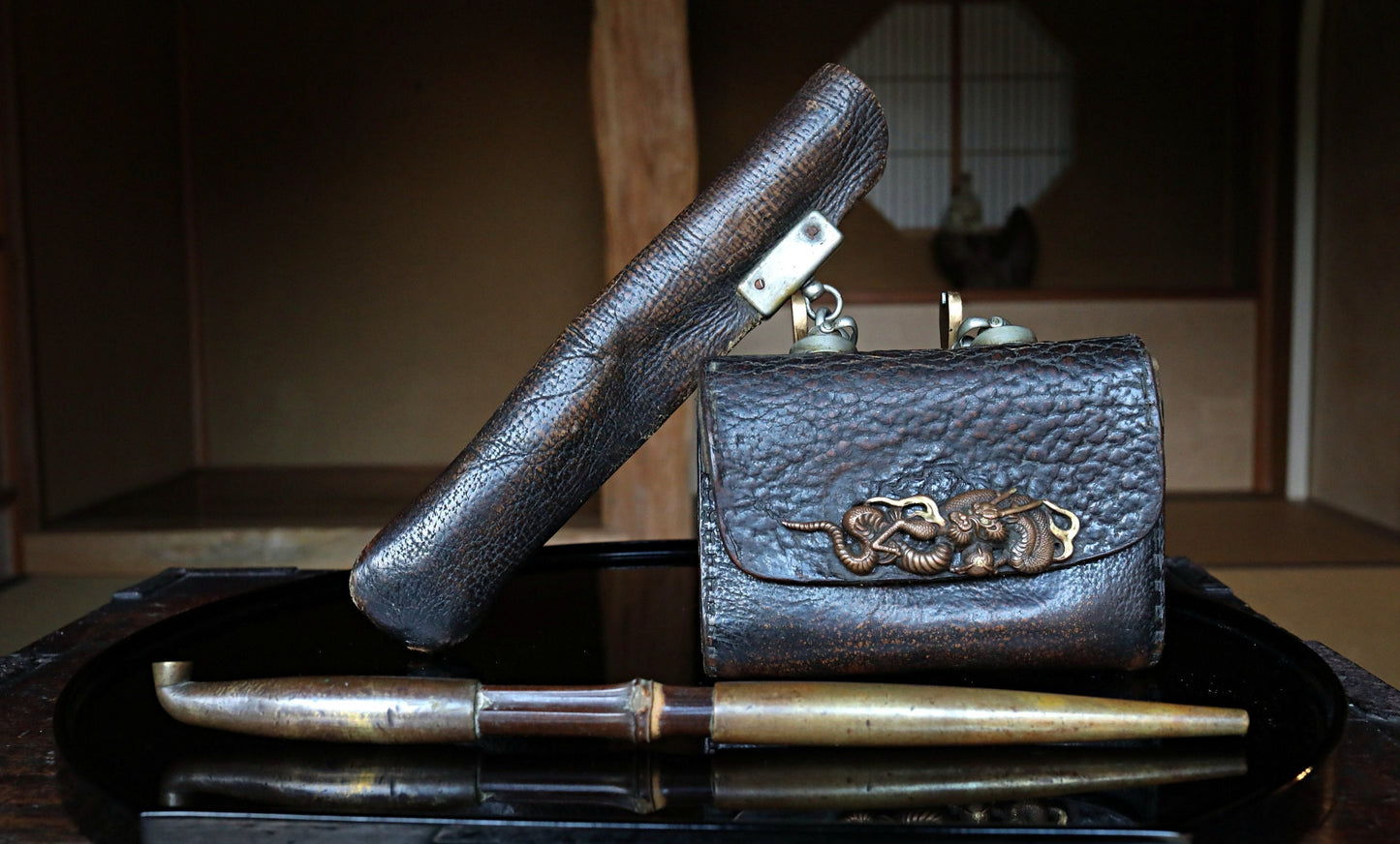 Japanese Antique Kiseru Pipe - Rare Edo Period Brass & Silver Tobacco Pipe With Dragon Engraved Leather Case