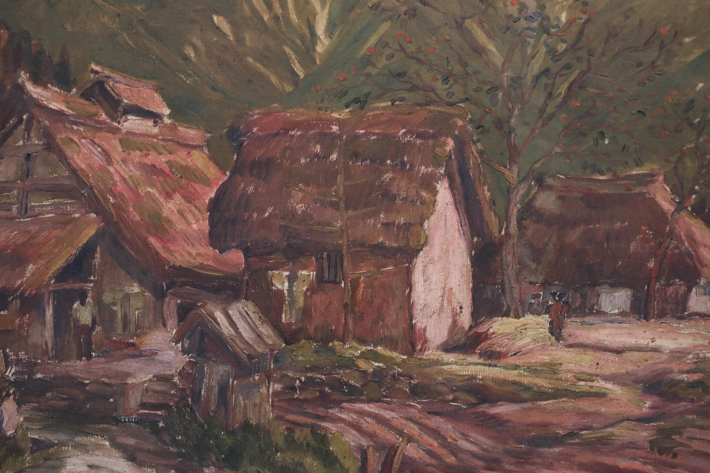 a rural village scene with thatched-roof huts, a dirt road, and a lush green landscape with trees and bushes.