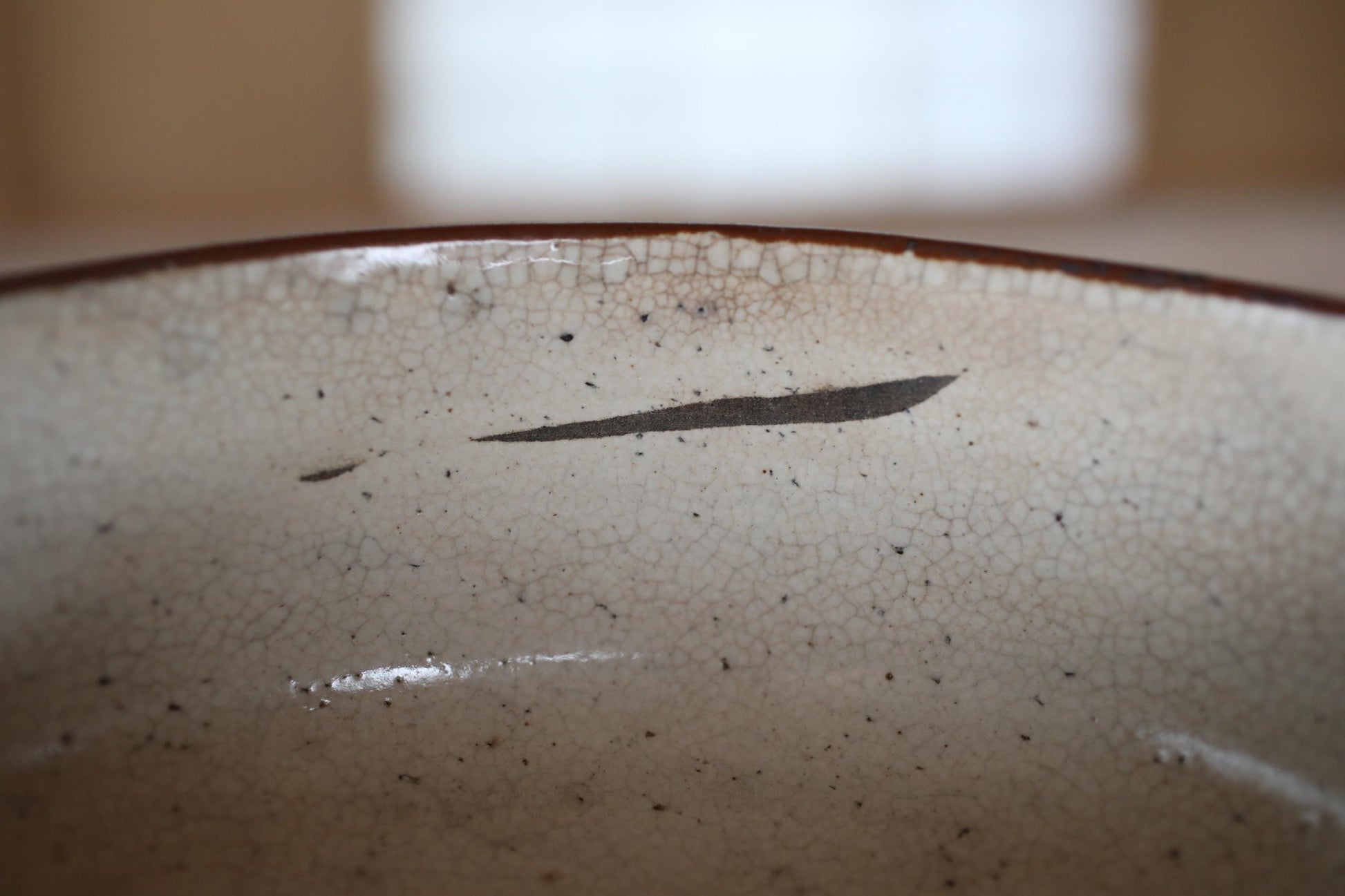 A close-up view of a white ceramic bowl with a black line or mark on its surface.