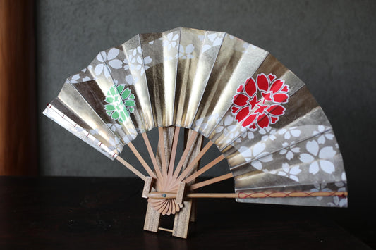 Japanese Folding Fan - Hand Painted Cherry Blossom Sensu with Bamboo Stand