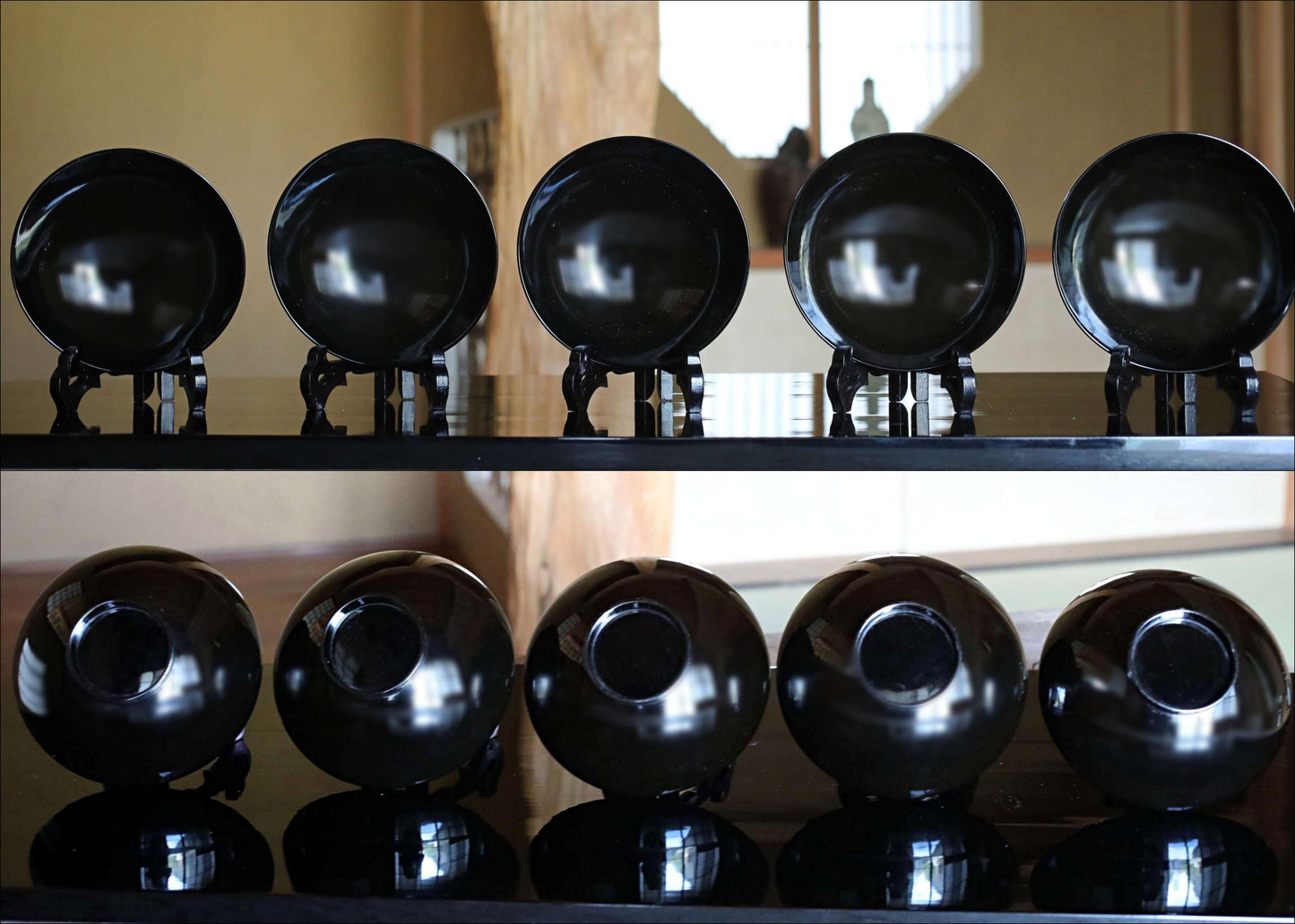 Japanese Lacquer Bowls – Antique Makie Lacquerware Set of 5 with Gold Falcon Design