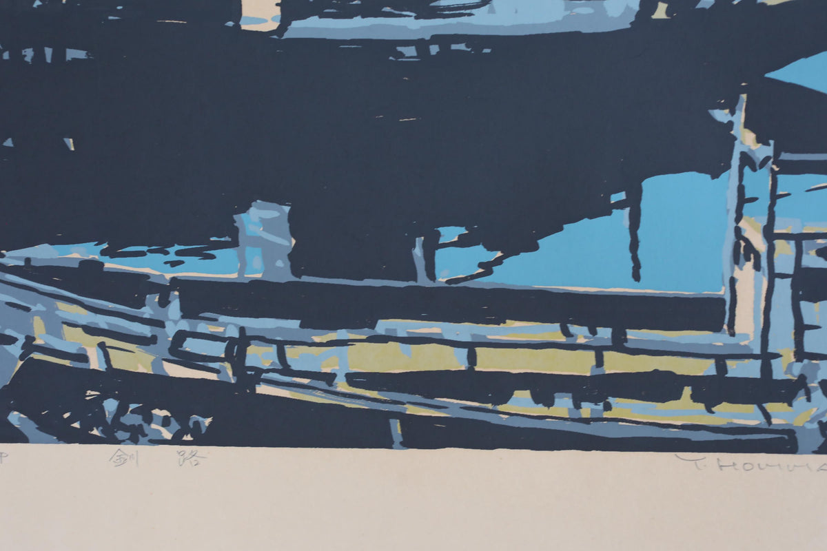The image is a black and white abstract artwork featuring a boat on a body of water.