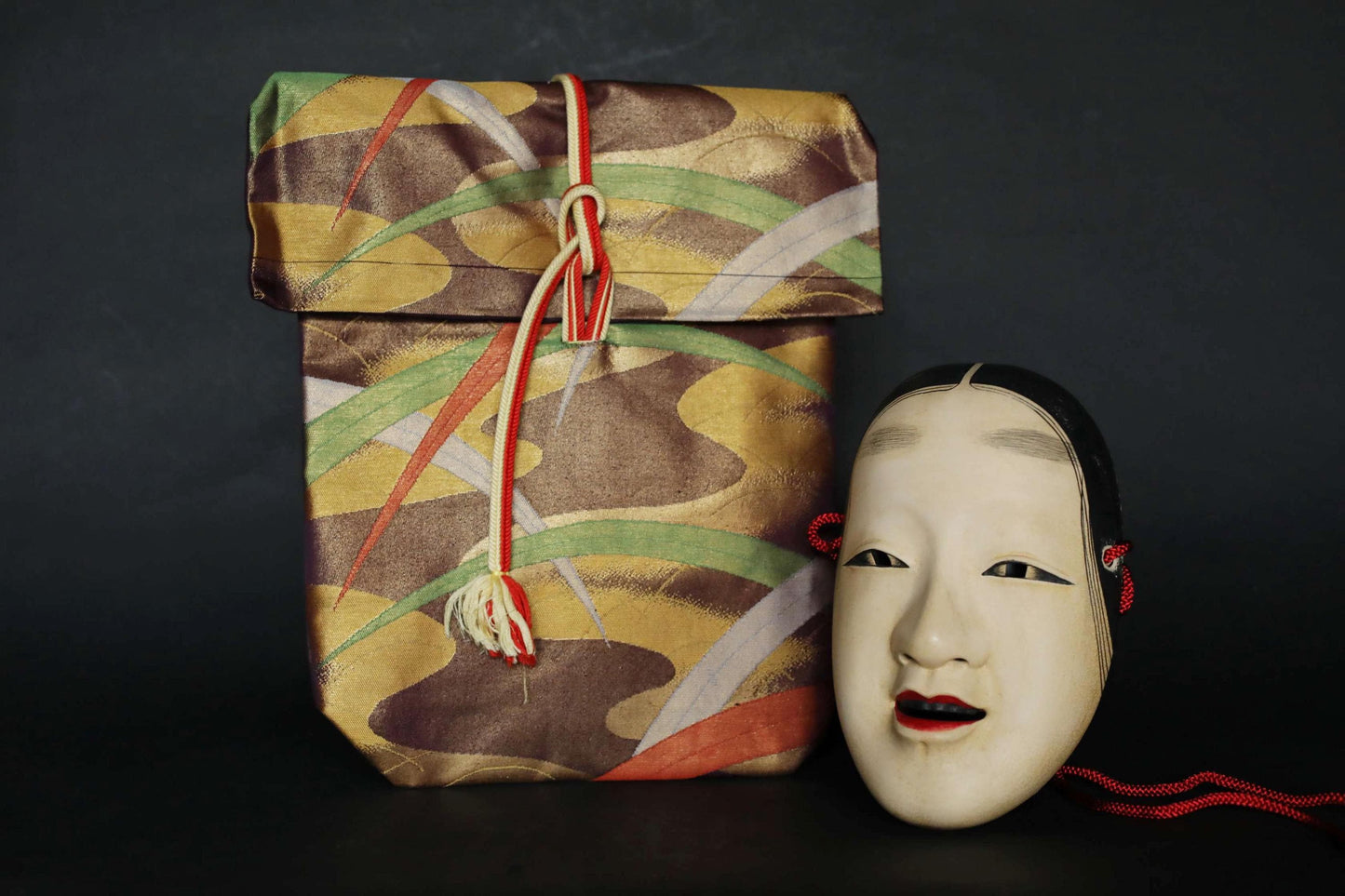 Japanese Noh Mask - Magojirō Signed Wood Carving | Elegant Wall Ornament with Silk Bag