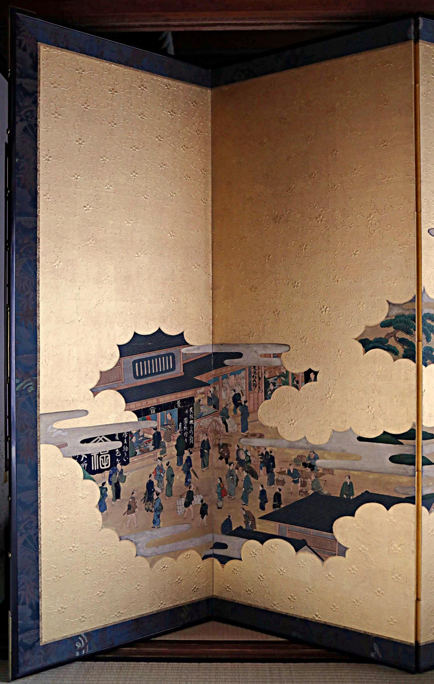 Japanese Folding Screen - Antique Byobu Screen with Gold Leaf Clouds & 1800s Art