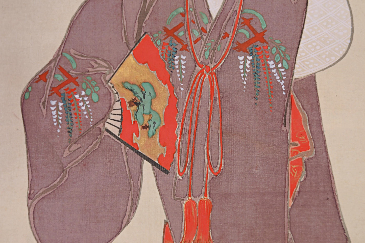 Japanese Hanging Scroll - Vintage Silk Noh Mask Painting | Traditional Kakejiku Art