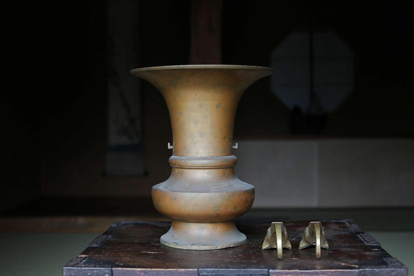 Japanese Antique Brass Vase – Edo Period Buddhist Temple Vessel with Detachable Lion Handles