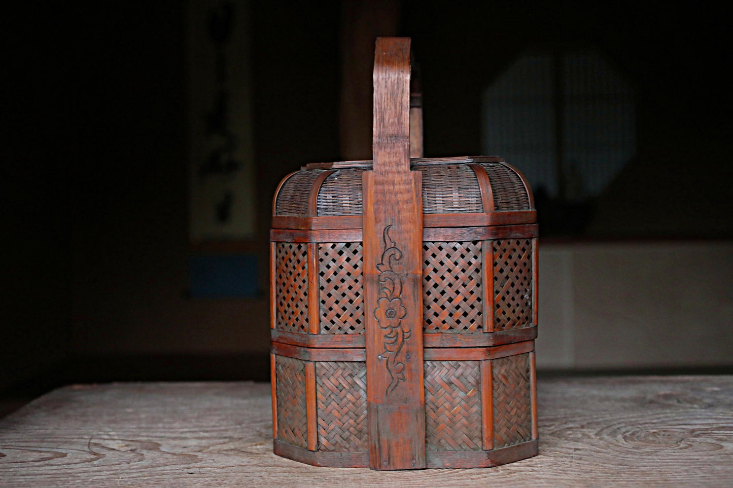 Vintage Bamboo Basket | Japanese Antique Basket, Woven Bamboo Box & Traditional Tea Carrier