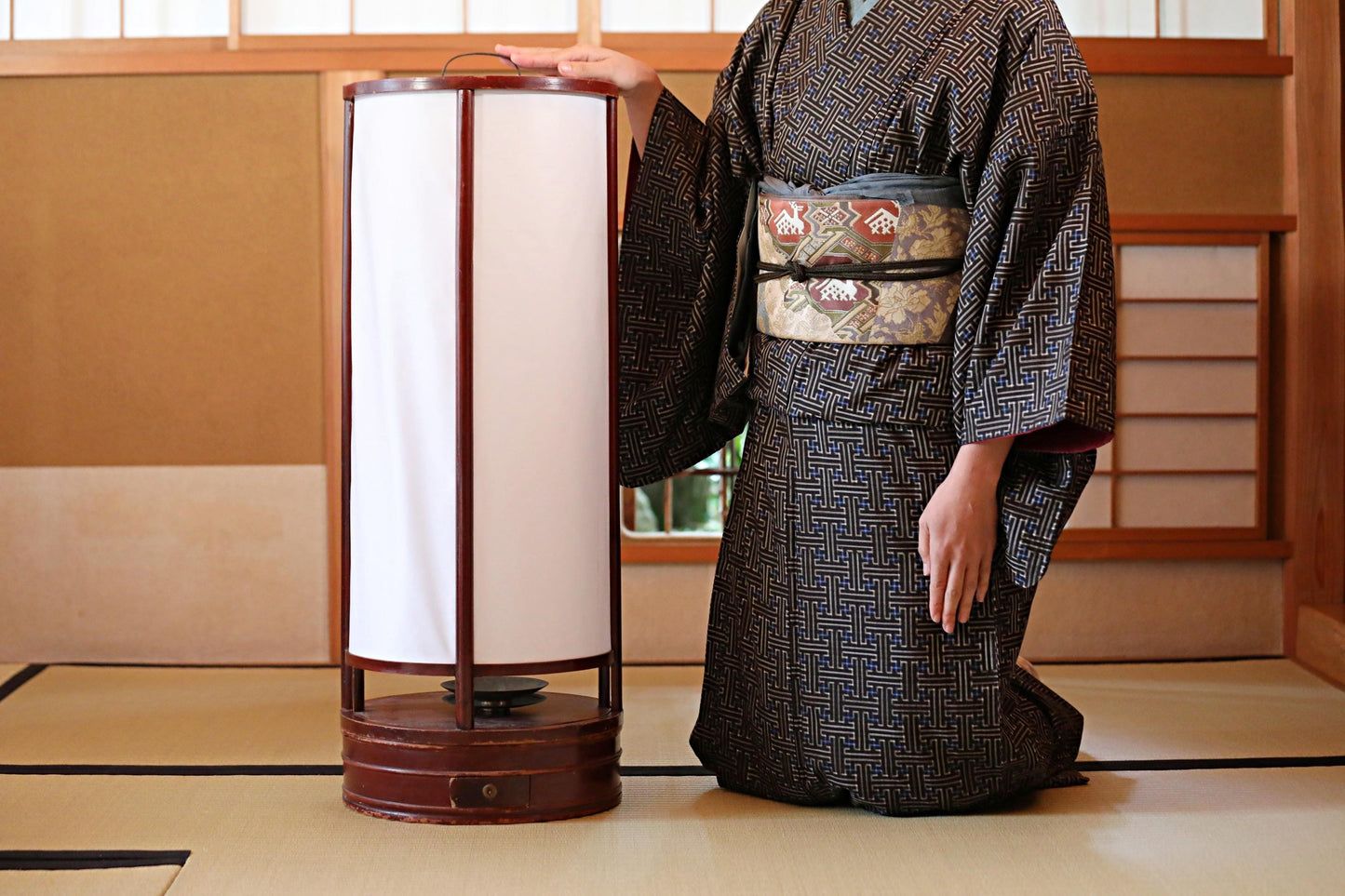 Japanese Antique Lantern - 1800s Urushi Wood Andon With Washi Paper Shade