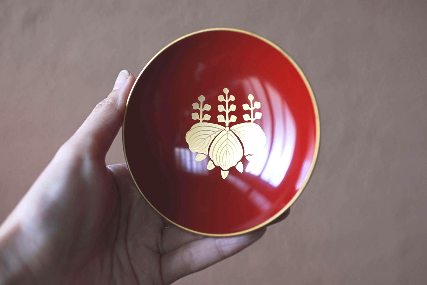 Japanese Lacquer Sake Cup - Vintage Red Urushi Wooden Sakazuki with Samurai Crest