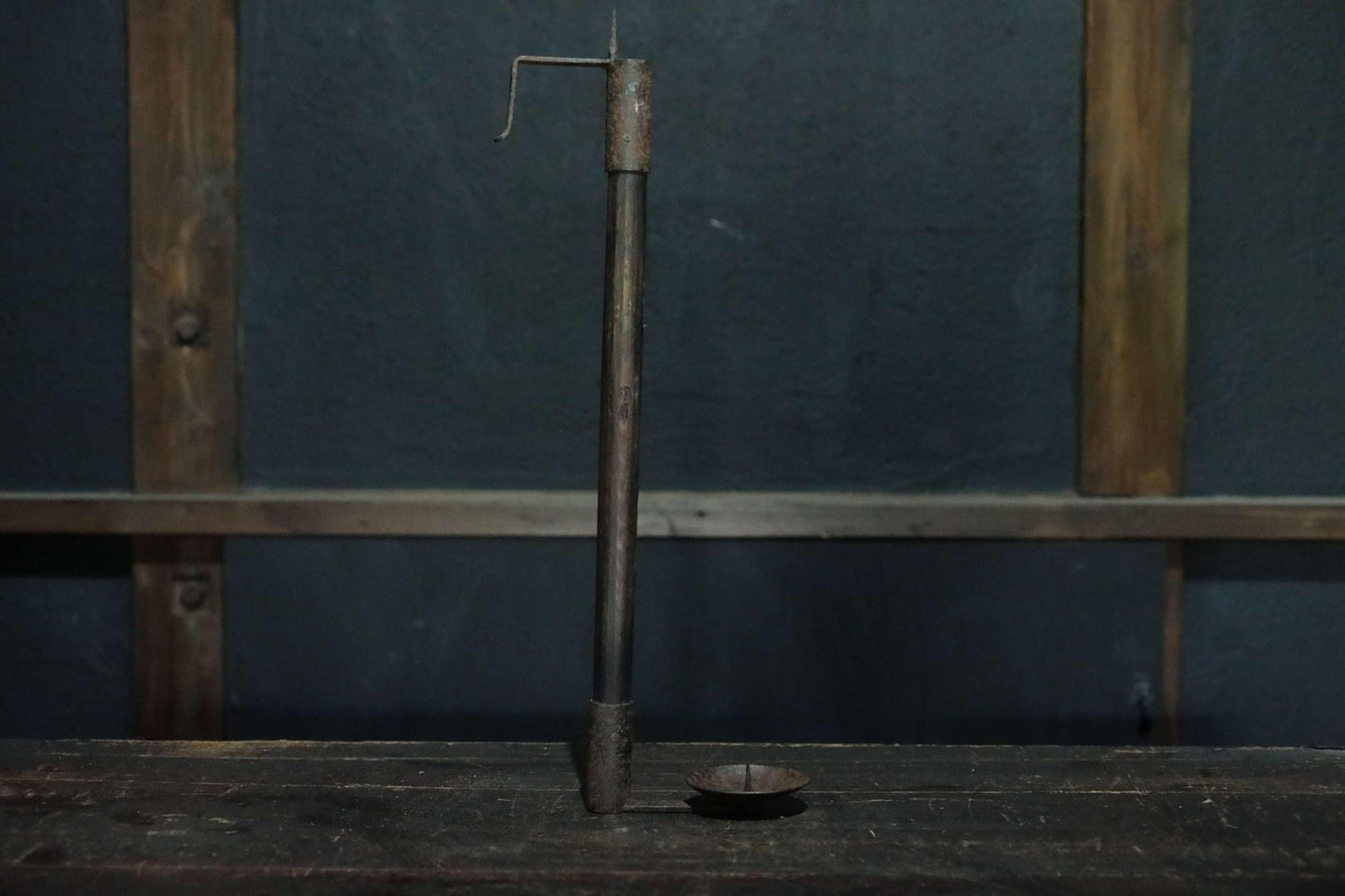 Japanese Antique Candle Stand – Edo Period Wood & Iron Hanging Holder with Defensive Design