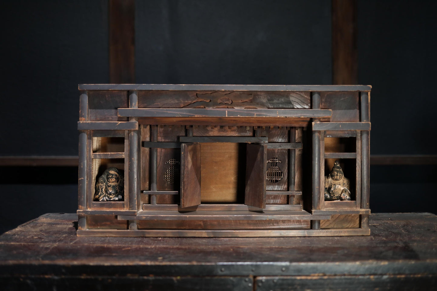 Japanese Zushi Cabinet Antique Kamidana Shelf – Shinto Shrine Altar With Ebisu And Daikoku Dolls