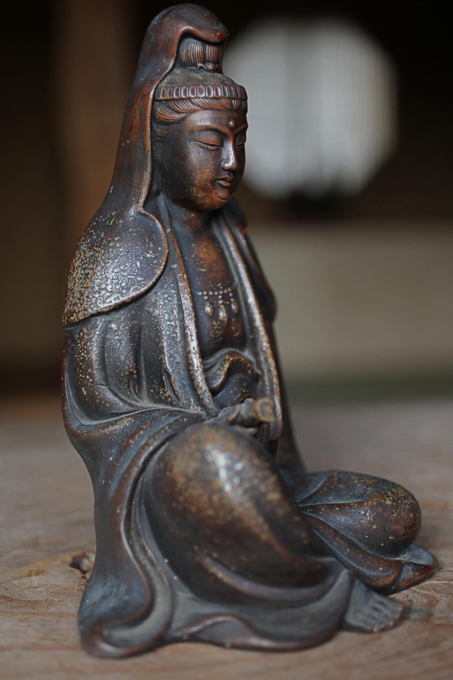 Antique Bizen Kannon Statue – 1800s Japanese Ceramic Figurine With Wooden Box Gift