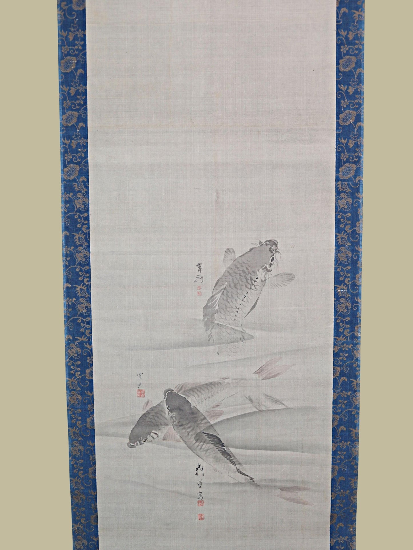 Japanese Koi Scroll - Antique Hanging Scroll Silk Paper with Watercolor Carp Painting