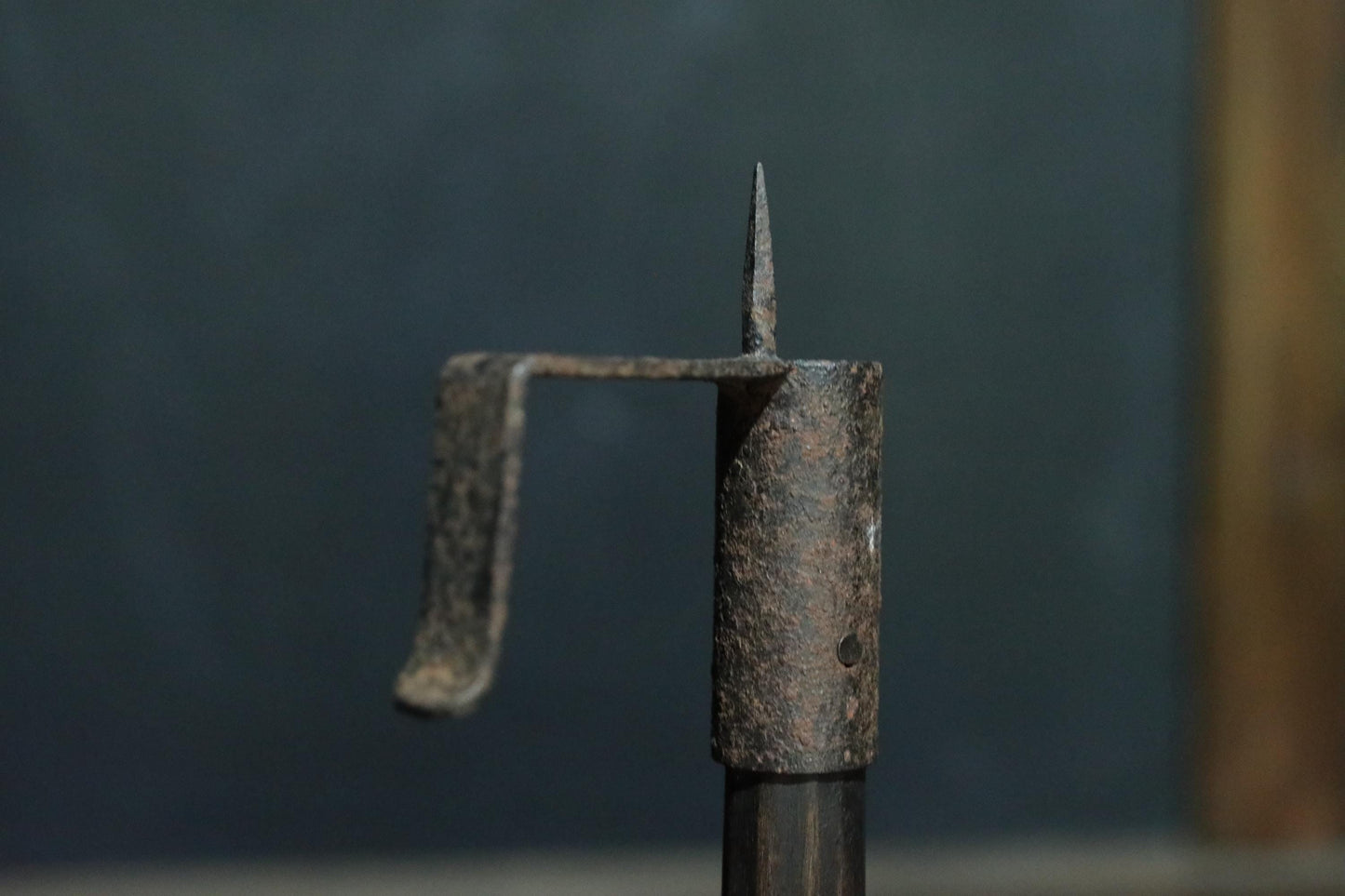 Japanese Antique Candle Stand – Edo Period Wood & Iron Hanging Holder with Defensive Design