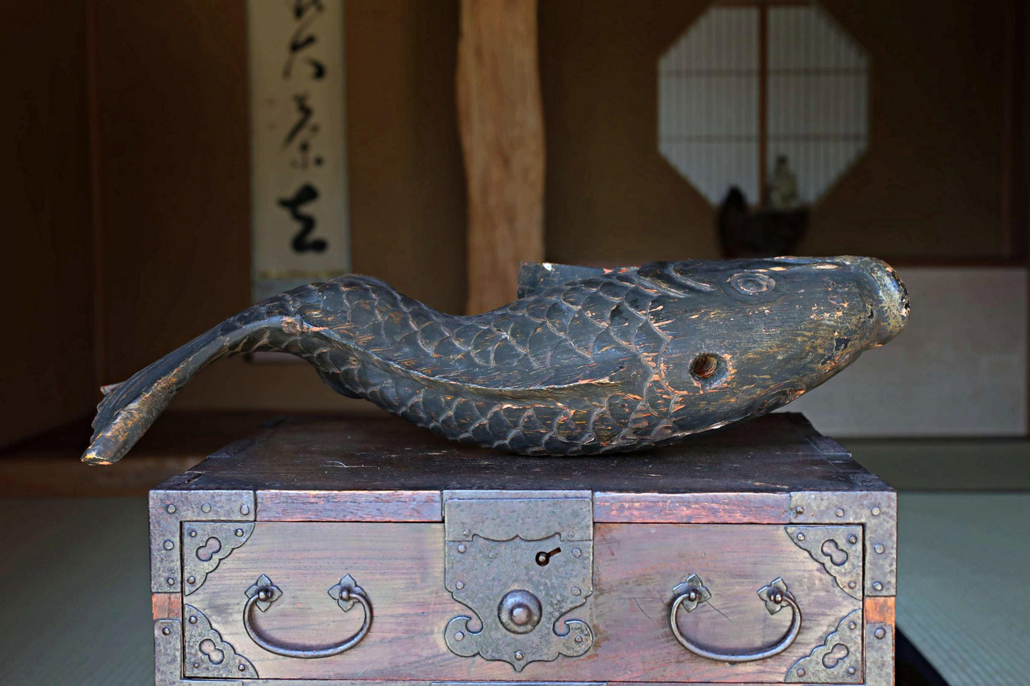 Large Wooden Fish - Japanese Antique Mingei Irori Hearth Hook Sculpture 4kg