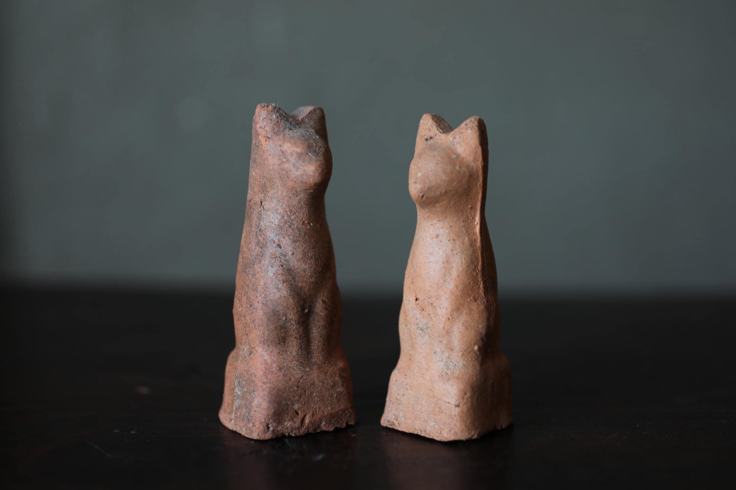 Japanese Antiques KITSUNE Dolls, Imado-yaki Pottery Pair (H3.7in)