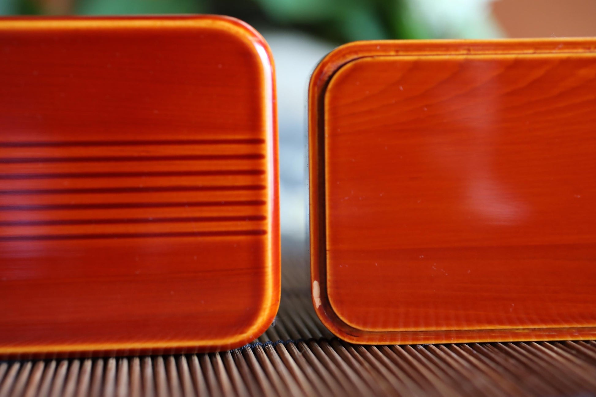 two close-up views of a wooden surface, with a reddish-brown color and a textured appearance.