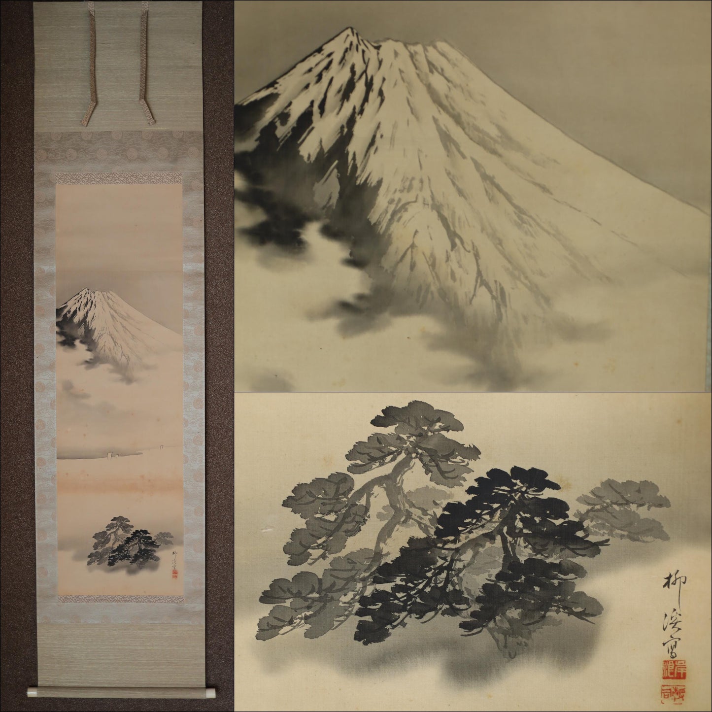 Japanese Ink Wash Scroll – Antique Mount Fuji Painting, Signed Kishinami Ryukei, Boxed Gift