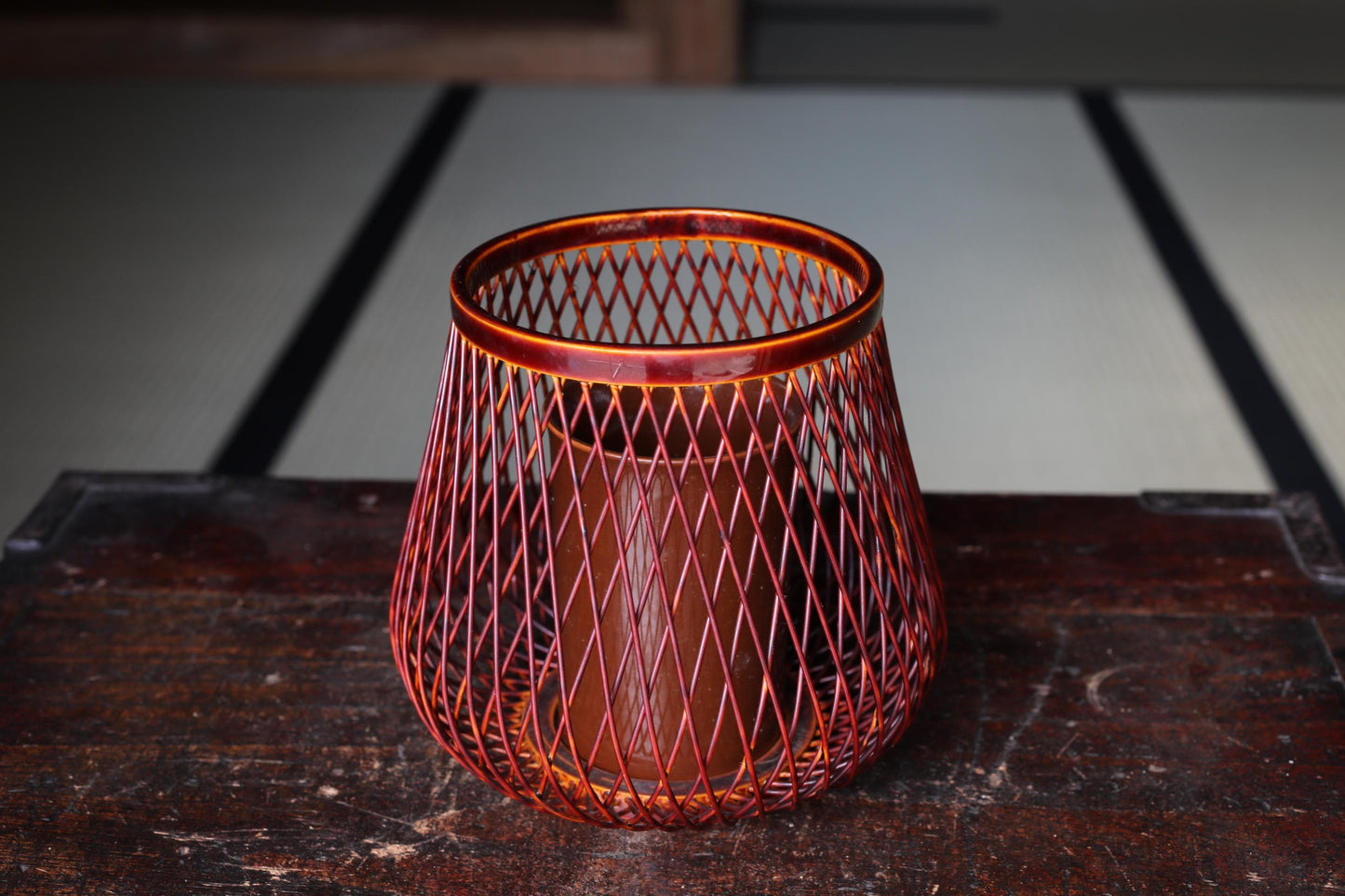 Japanese Bamboo Basket - Vintage Woven Bamboo Vase with Ceramic Ikebana Holder