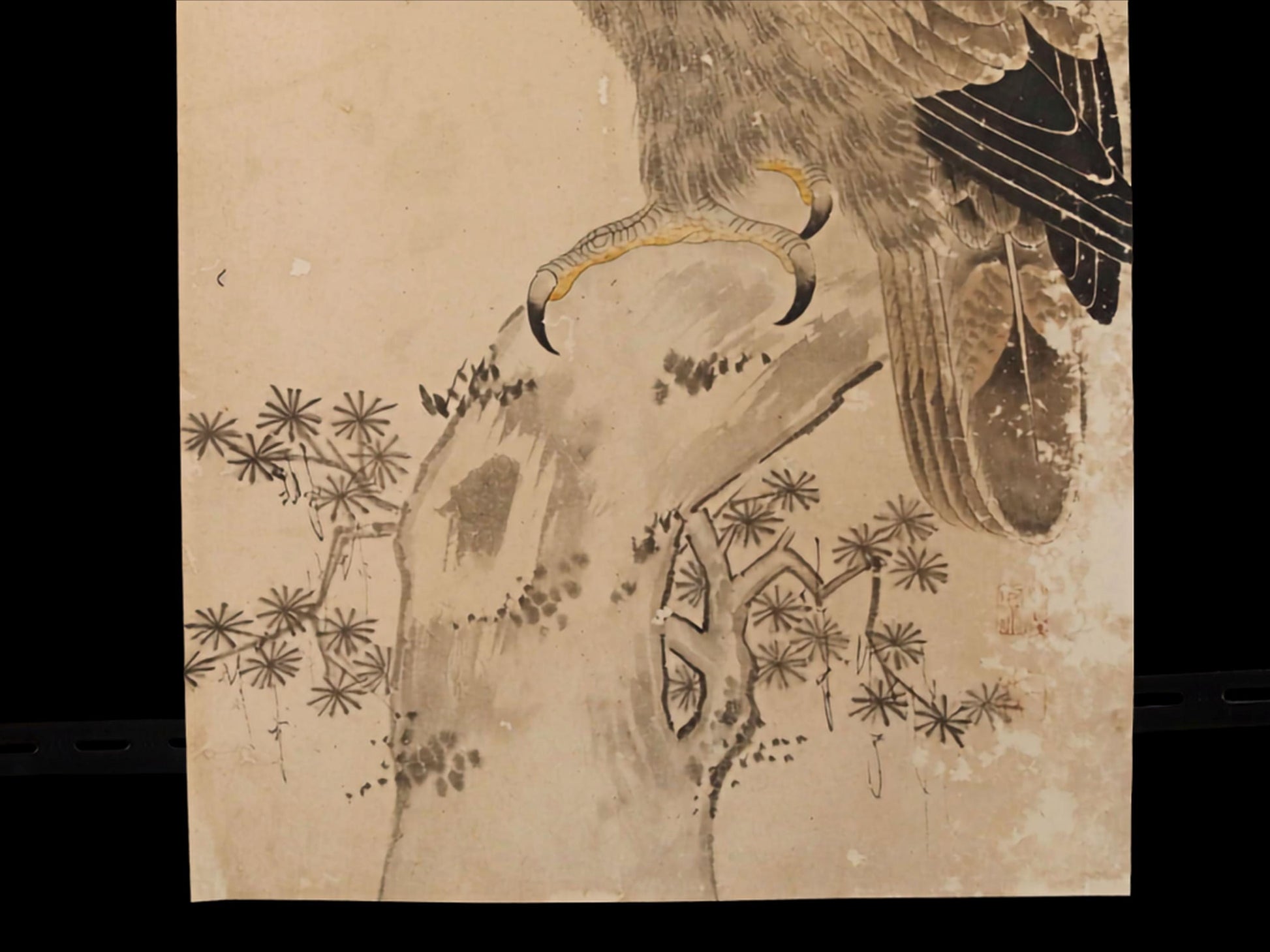 The image is a detailed drawing of a bird, possibly a hawk, perched on a tree branch. The bird has sharp talons and is surrounded by intricate patterns and designs, including flowers and leaves. The overall composition and style suggest it is a traditional Japanese woodblock print.
