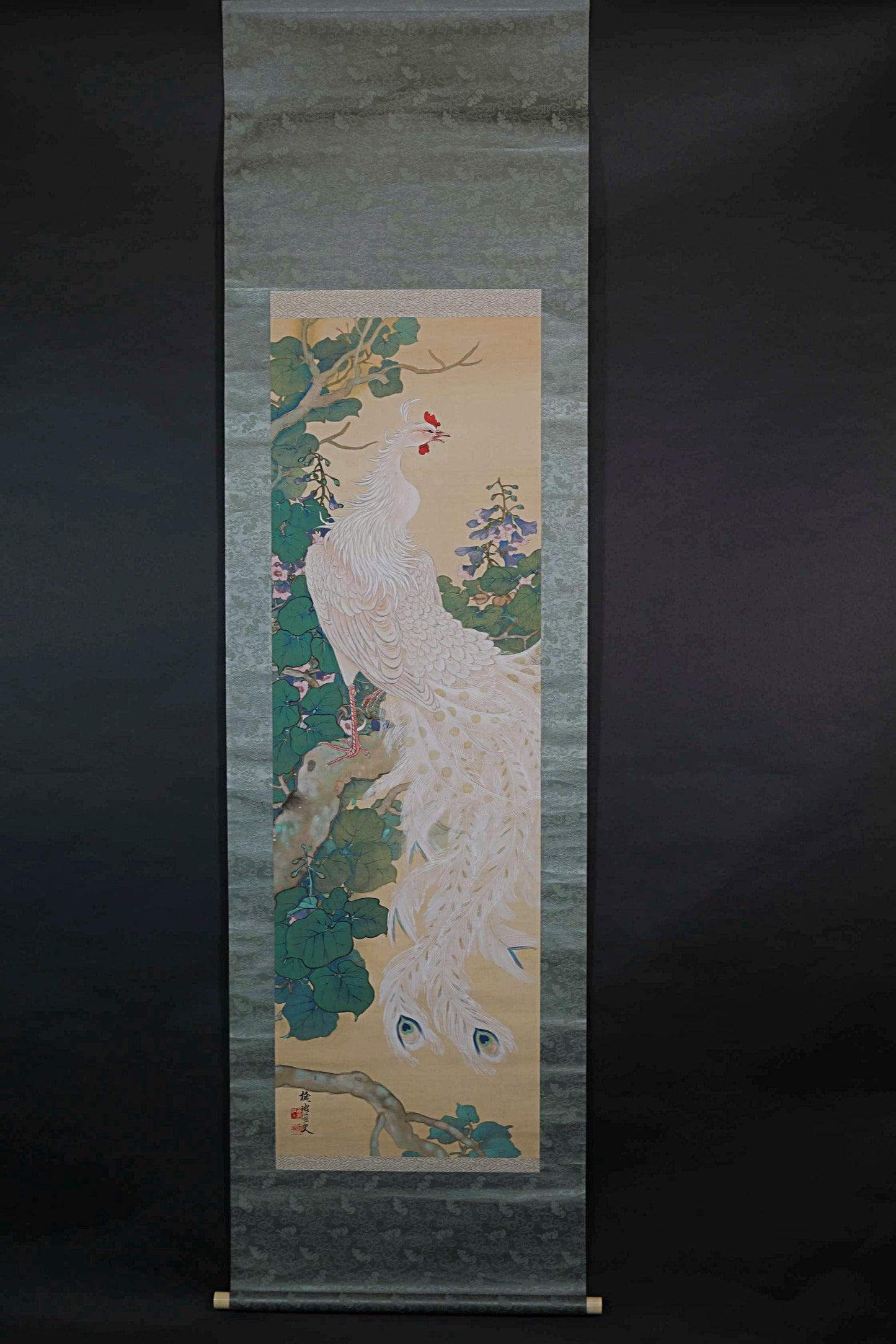 Japanese Antique Scroll Painting - Signed Kakejiku Artwork with Phoenix on Paulownia Silk Mounted Scroll