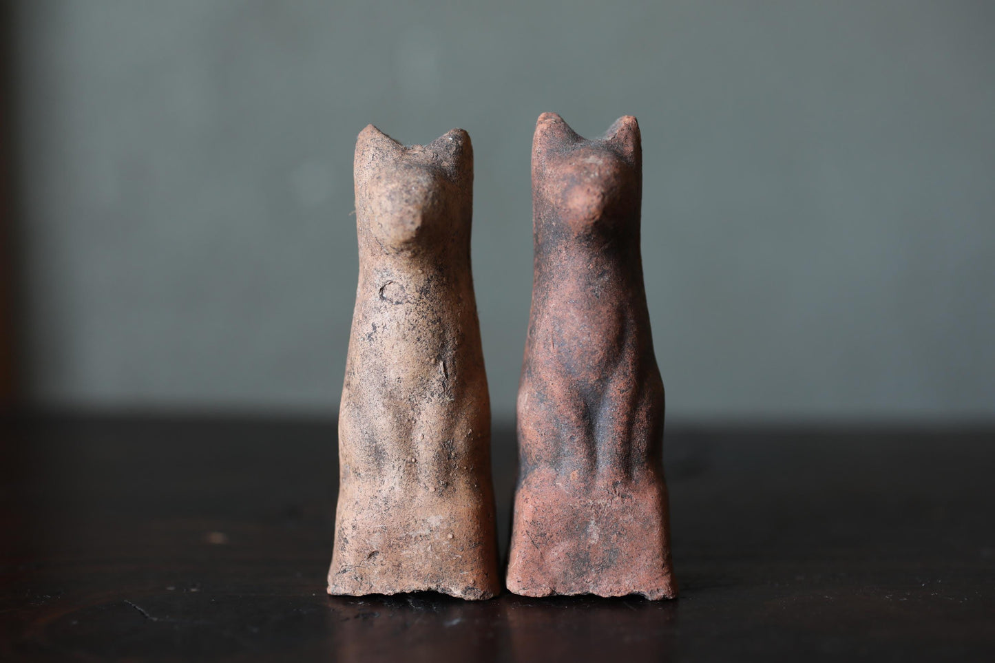 Japanese Antiques KITSUNE Dolls, Imado-yaki Pottery Pair (H3.7in)