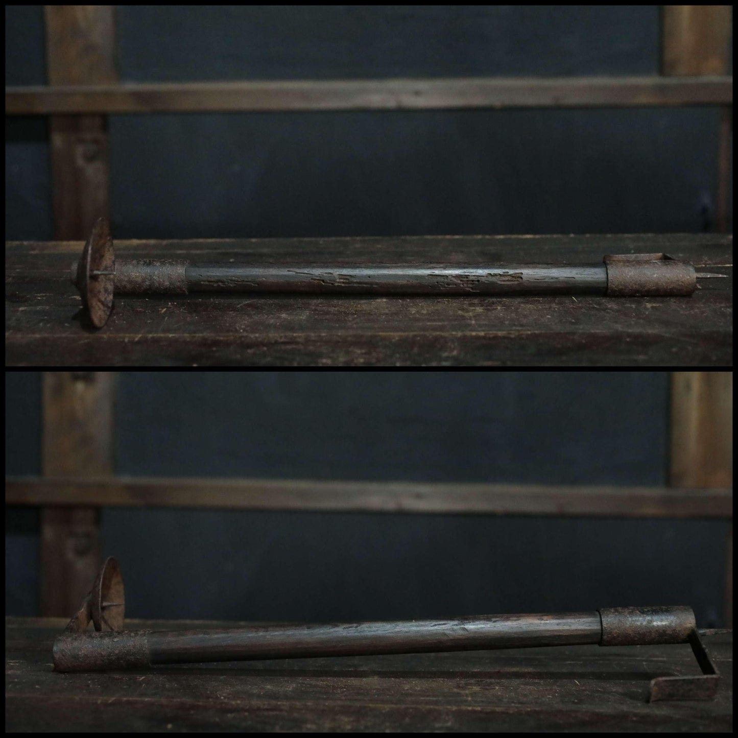 Japanese Antique Candle Stand – Edo Period Wood & Iron Hanging Holder with Defensive Design