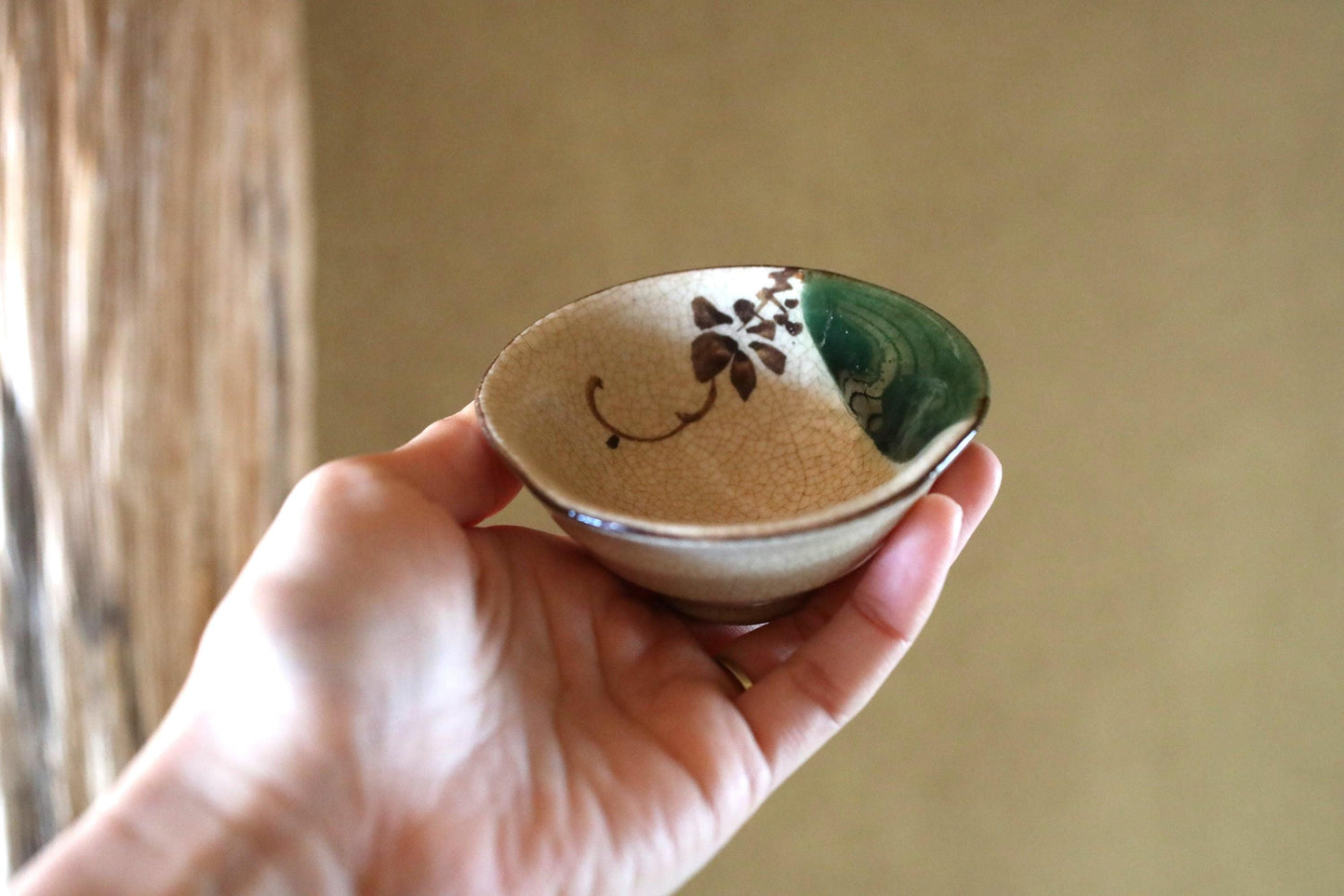 Oribe Ware Sake Cup - Vintage Japanese Kiln Art Green Glaze Ceramic Gift Box