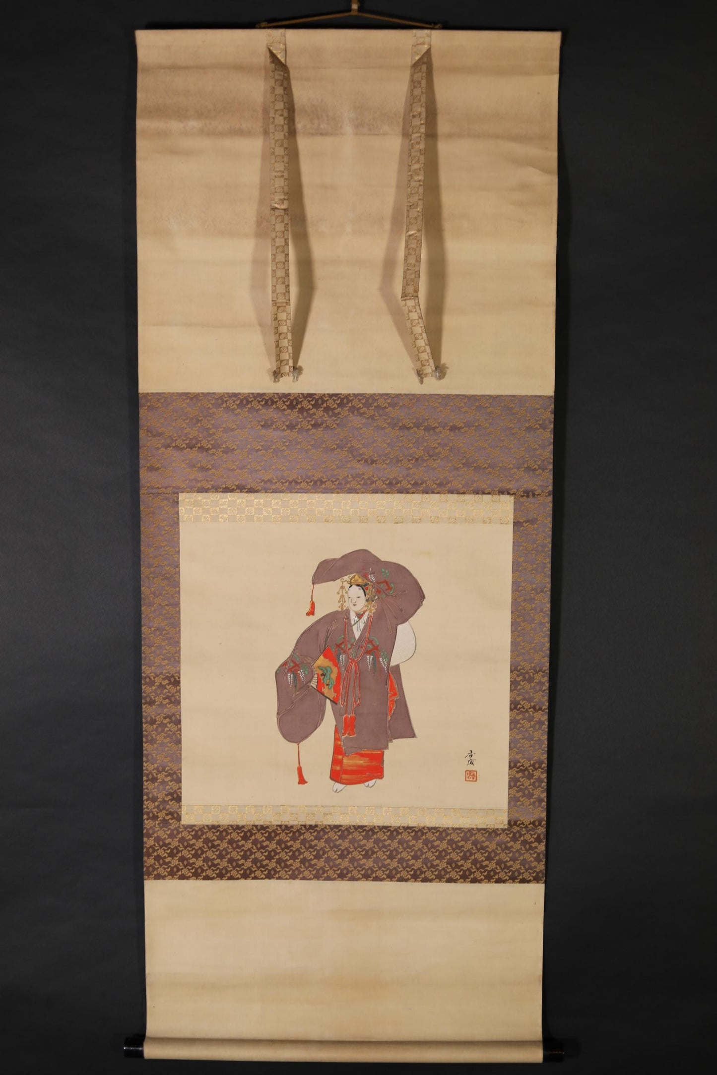 Japanese Hanging Scroll - Vintage Silk Noh Mask Painting | Traditional Kakejiku Art