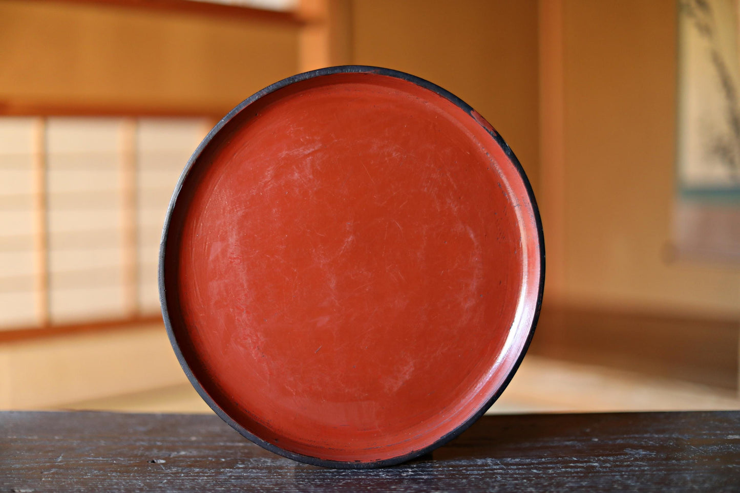 Japanese Lacquer Tray - Antique Negoro Style Obon Round Tea Tray with Vermilion Patina