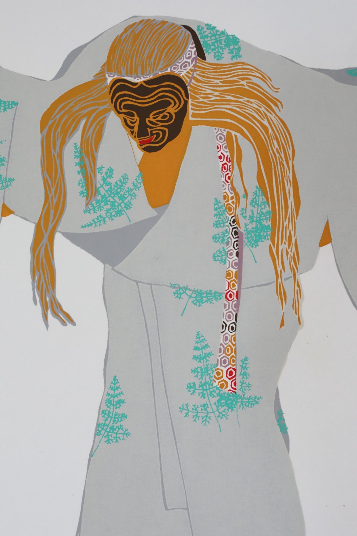 a stylized figure with long hair and a mask, wearing a white garment with green and orange floral patterns.