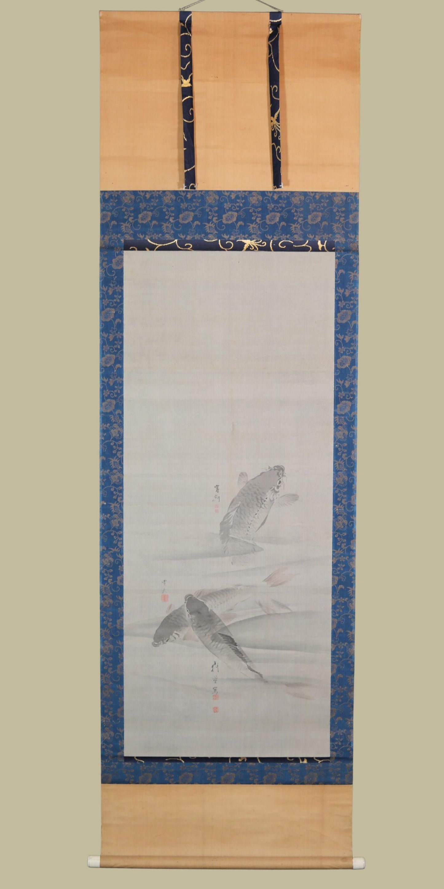 Japanese Koi Scroll - Antique Hanging Scroll Silk Paper with Watercolor Carp Painting