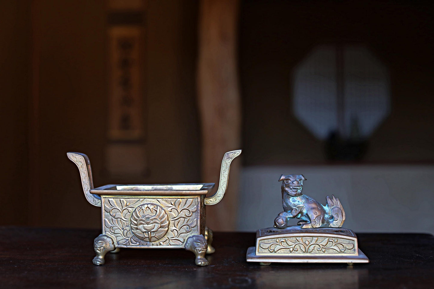 Japanese Brass Censer - Antique Large Brass Incense Burner with Shishi Lion