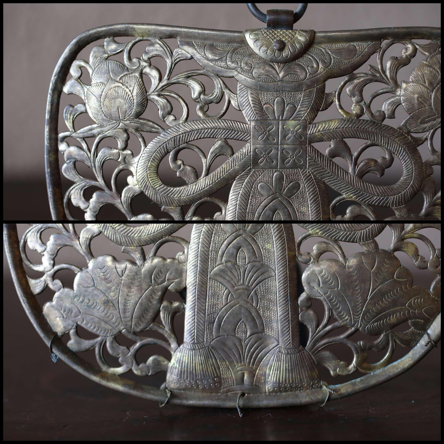 Japanese Antique Keman - Brass Hanging Art | Lotus Arabesque Design, Buddhist Temple Decor