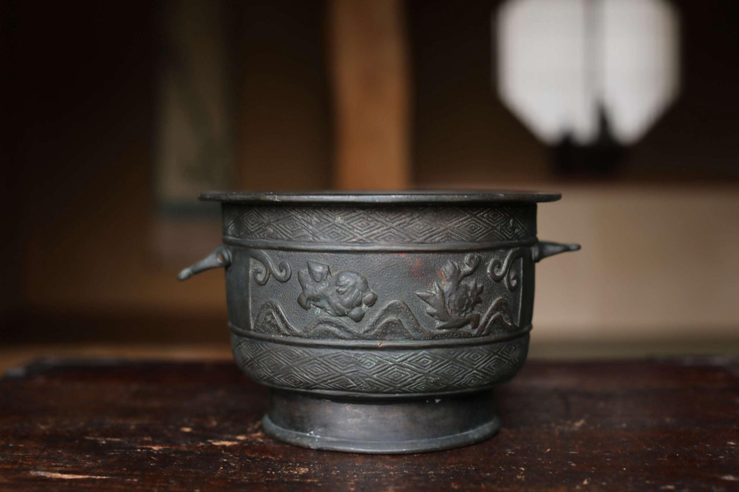 Antique Bronze Censer - Japanese Incense Burner with Lion and Peony Relief