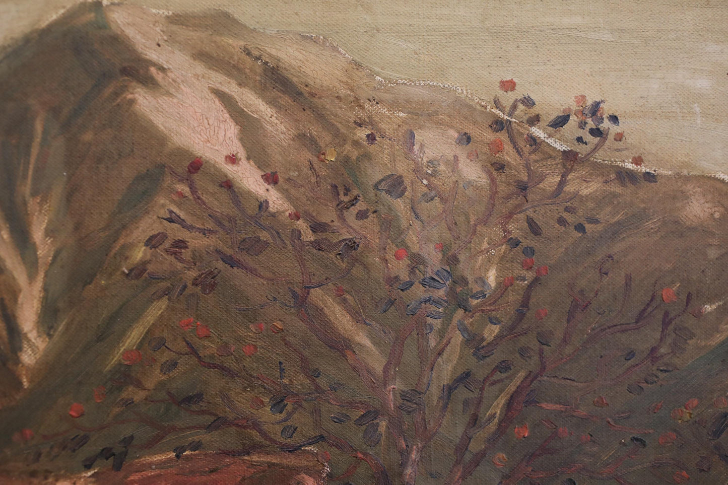The image is a painting depicting a tree with red flowers against a mountainous background.