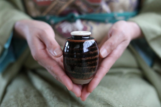 A person's hands gently cradling a small, round ceramic jar with a white lid.